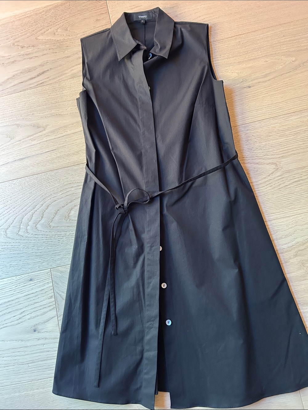 Theory Black Sleeveless Shirt Dress with Waist Tie